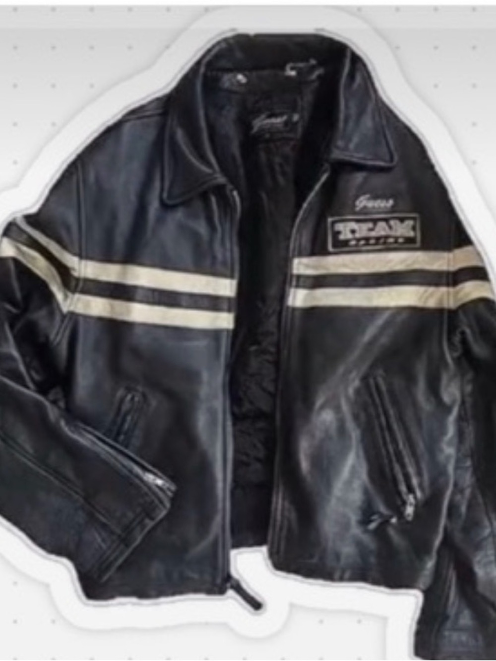 ISO (Don’t buy) Guess Leather Black Racing Jacket with Cream Stripes